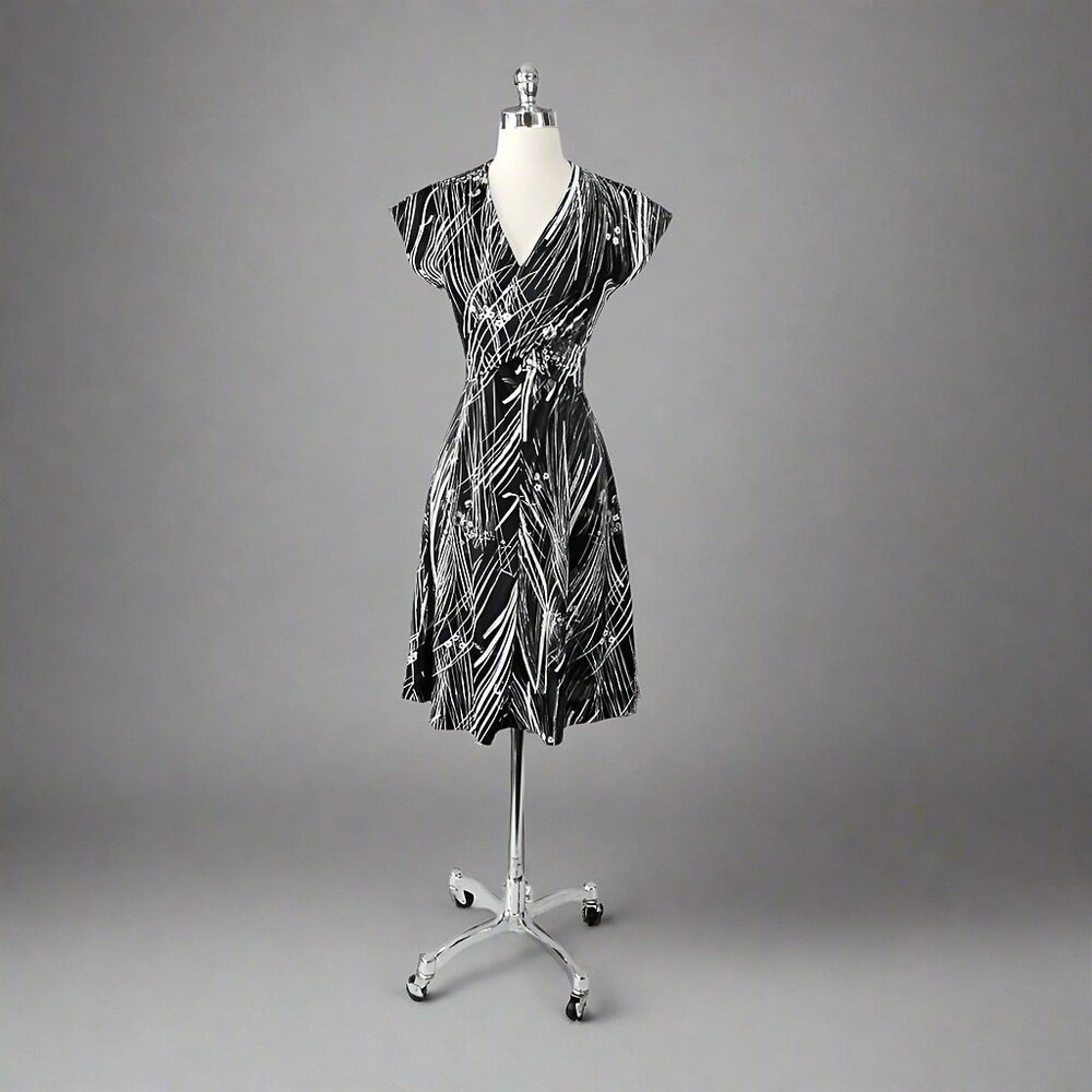 Vintage 70s Black White Wrap Front Midi Dress S